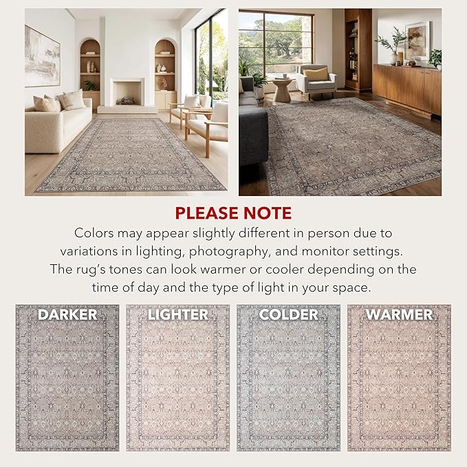 Kuden 8x10 Large Area Rug, Machine Washable Area Rug with Non-Slip Backing, Vintage Style, Soft, Easy Clean, Low Pile Rug for Living Room, Bedroom, Dining Room