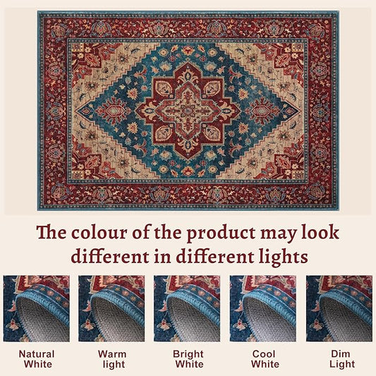 Tangsoo Oriental Red Rug 5x7 Washable Area Rugs for Living Room, Vintage Indoor Non Slip Large Area Rugs, Print Distressed Carpet, Soft Boho Low Pile Foldable Floor Rug for Bedroom Dining Room