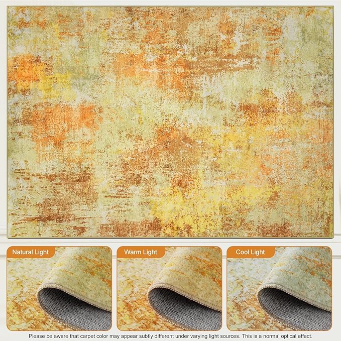 Washable Area Rugs for Living Room 9x12 - Large Neutral Modern Abstract Rug, Soft Low Pile Carpet with Non Slip Backing for Under Dining Room Table, Bedroom, Home, Office, Dorm - Yellow Brick