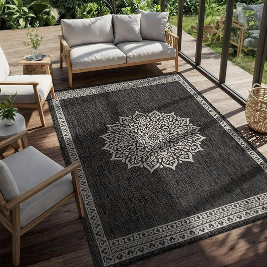 CAMILSON Outdoor Rug 6x9 Medallion Darkgray Modern Area Rugs for Indoor and Outdoor Patios Kitchen and Hallway Mats Washable Porch Deck Outside Carpet (Medallion Darkgray 6 x 9)