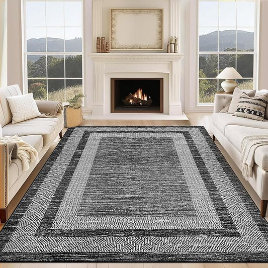 GarveeHome Extra Large Area Rug 10x13 Modern Geometric Rug with Non Slip Rubber Backing, Thin Washable Foldable Carpets, Soft Low Pile Non Shedding Printed Floor Mats for Hotel Office, Black