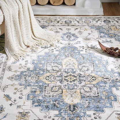 jinchan Area Rug 6x9 Vintage Washable Living Room Rug Floral Medallion Non Slip Thin Floor Cover Retro Classic Soft Boho Farmhouse Carpet for Bedroom Dining Room Kitchen Blue