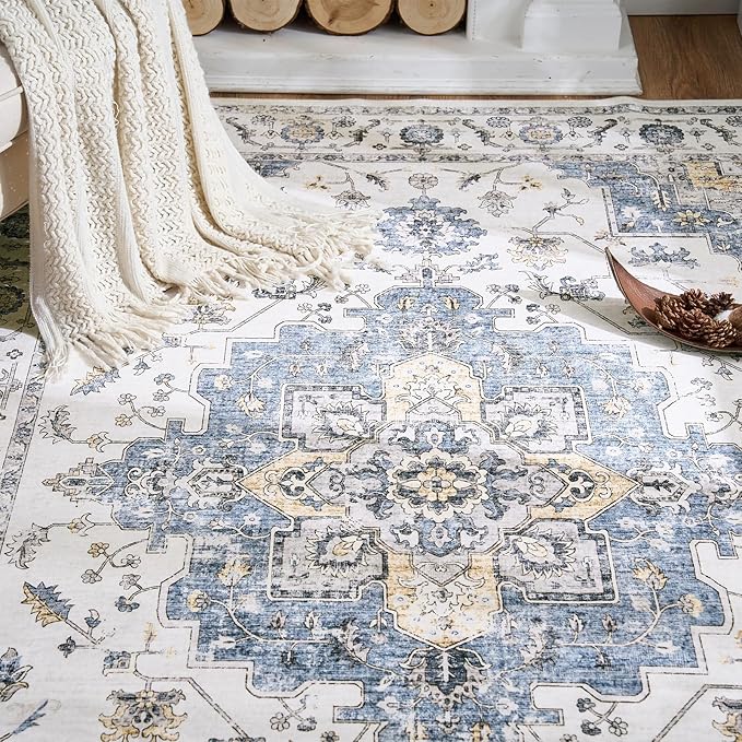 jinchan Runner Rug 2x6 Vintage Hallway Rug Boho Washable Runner Floral Medallion Retro Lightweight Non Slip Classic Thin Soft Carpet for Kitchen Bedroom Bathroom Laundry Room Doorway Blue