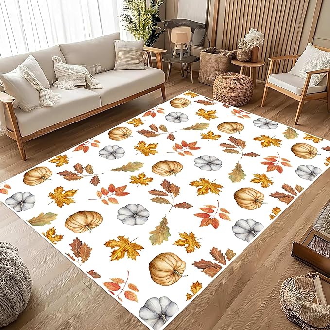 Pumpkin Area Rug, 6x8ft, Fun Vibrant Autumn Harvest Fallen Leaves Pumpkin Plant White Fall Porch Rug, Sturdy Non Slip Easy-Washing Fall Decorations for Home Bedroom
