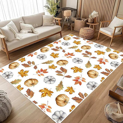 Pumpkin Area Rug, 5x7ft, Fun Vibrant Autumn Harvest Fallen Leaves Pumpkin Plant White Fall Porch Rug, Sturdy Non Slip Easy-Washing Fall Decorations for Home Bedroom