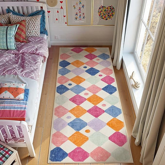 jinchan Macy Runner Rug 2x5 Kids Hallway Washable Rug Indoor Soft Non Slip Modern Diamond Carpet for Nursery Room Bedroom Kitchen Laundry Room Berries on Cream