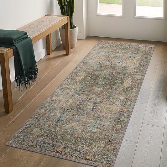 Bavni Runner Rug, Machine Washable Rugs for Bedroom 2x5, Non Slip Boho Rugs with Rubber Backing, Ultra-Thin Folable Rug Runner for Hallways Bathroom, Olive Green