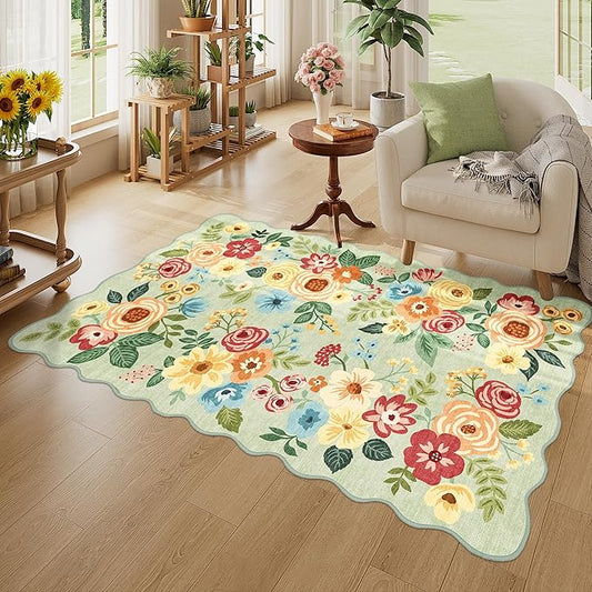 DUKINO 3x5 Area Rug, Floral Non-Slip Indoor Washable Rug with Low Pile & Non-Shedding, Lightwight Boho Design Carpet for Entryway, Bedroom, Kids Room, Living Room, Kitchen, Green