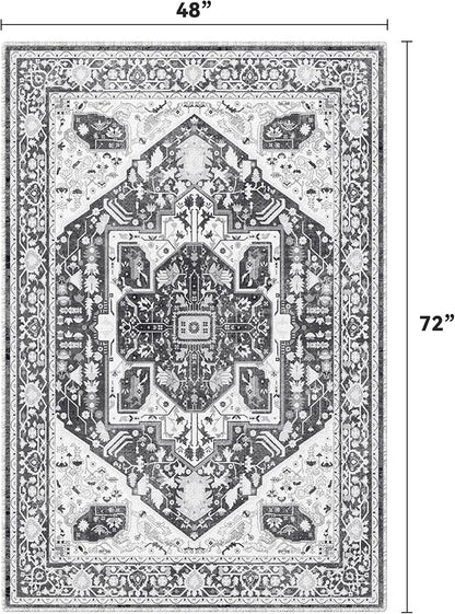 EnHomee 4x6 Washable Area Rugs for Bedroom, Boho Vintage Rugs, Foldable Area Rug for Dining Room, Non-Slip Soft Living Room Rug, Low Pile Large Carpet for Bathroom, Grey