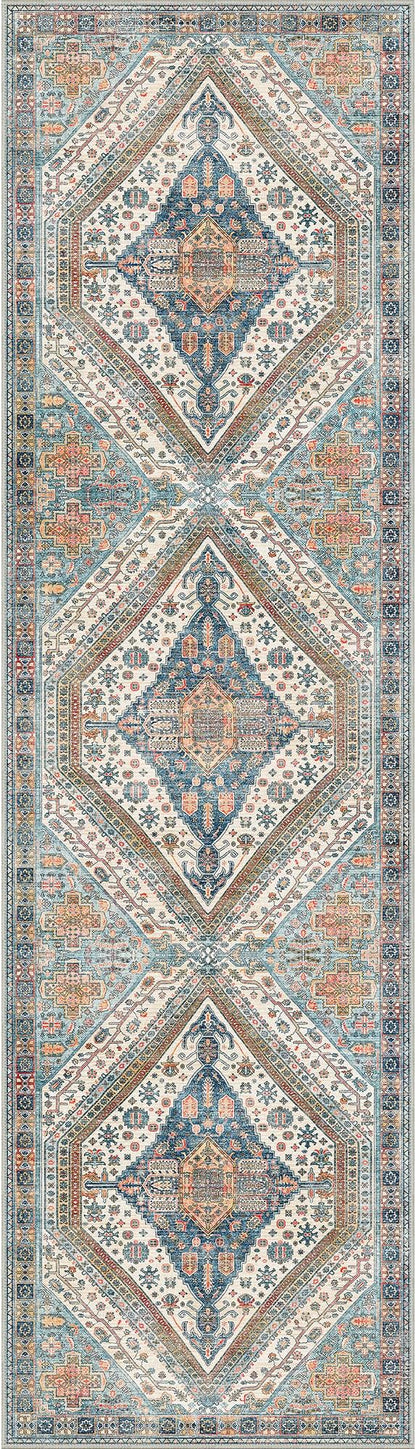 Bavni Runner Rug 2x10 Kitchen Rugs for Hallways Entryway, Washable Vintage Print Carpet, Ultra-Thin Chenille Low Pile Lightweight Rug with Non Slip Backing, Blue/Orange