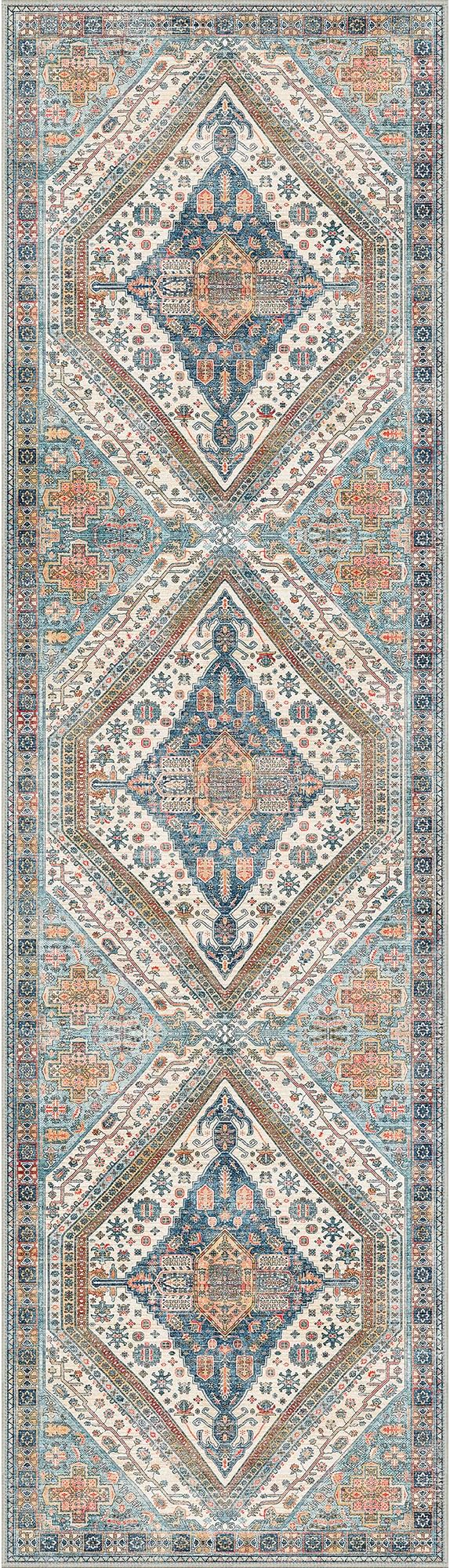 Bavni Kitchen Rug 2x7 Runner Rugs for Hallways Entryway, Washable Vintage Print Carpet, Ultra-Thin Chenille Low Pile Lightweight Rug with Non Slip Backing, Blue/Orange