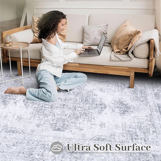 Area Rug 4x6 Vintage Rug, Machine Washable Vintage Distressed Medallion Rug Non-Slip Soft Low Pile Large Indoor Rugs for Bedroom Kitchen Dining Room Office(LightGrey,4'x6')