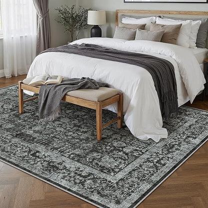 Dark Black Area Rug 6x9 Machine Washable Vintage Living Room Distressed Non Slip Carpet Traditional Indoor Bedroom Retro Floral Accent Throw Large Rug for Office Kitchen Dining Room