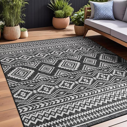Beverly Rug Waikiki Boho Indoor Outdoor Rug 8x10, Washable Outside Carpet for Patio, Deck, Porch, Bohemian Area Rug, Farmhouse Rugs, Aztec Tribal Rug, Black and White