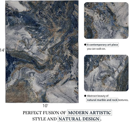 Modern Washable Rug for Living Room: Abstract 10x14 Area Rugs for Bedroom Low Pile Non Slip - Stain Resistant Carpet for Dining Room Indoor - Blue Gold