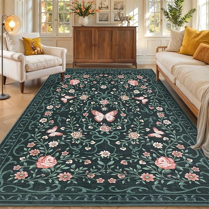 GarveeHome Area Rugs 9x12 Living Room Floral Rugs Non Slip Washable Large Bedroom Throw Carpet Stain Resistant Low Pile Black Bow Rugs Soft Boho Bow and Flower Carpets for Nursery Home Decor, 9x12