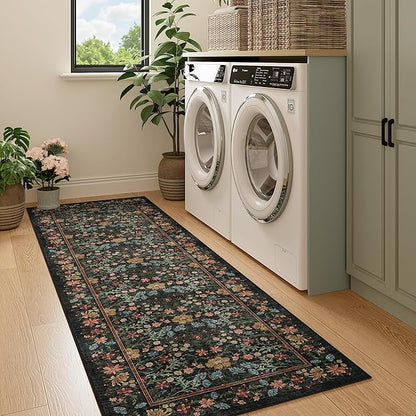 DUKINO 2.6x8 Runner Rug for Hallway, Washable Vintage Floral Kitchen Rug with Non Slip Backing, Soft Low Pile Throw Carpet Runner for Kitchen, Laundry, Hallway, Bathroom, Black