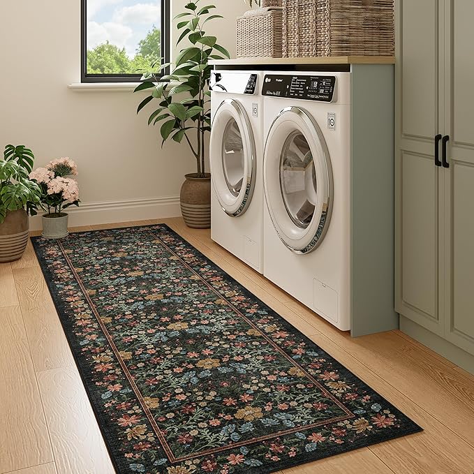 DUKINO 2x6 Runner Rug for Hallway, Washable Vintage Floral Kitchen Rug with Non Slip Backing, Soft Low Pile Throw Carpet Runner for Kitchen, Laundry, Hallway, Bathroom, Black