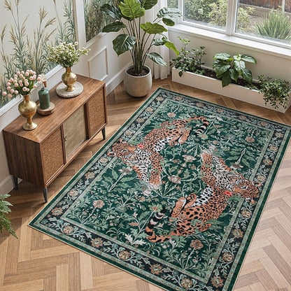 Moynesa Leopard 5x7 Area Rug, Boho Washable Living Room Rug, Non Slip Rugs for Bedroom, Ultra Thin Soft Animal Print Throw Floor Carpet for Office Dining Room, Green