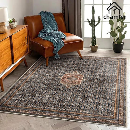 3x5 Washable Area Rug Thin Vintage Tangerine Traditional Floor Cover Foldable Indoor Distressed Non Slip Carpet Floral Print Mat Rugs for Bedroom Living Room Bathroom