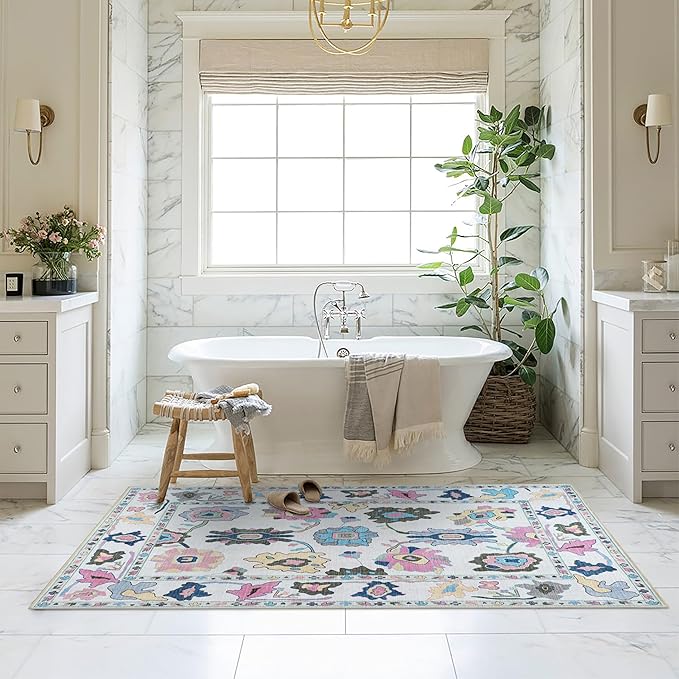 Fame Living Colorful Oushak Rug, Modern, Vintage, Turkish, Eclectic, Floral, Pastel, Washable, Large Area Rugs for Living Room, Dining, Bedroom, Girls, Boys, 7'5"x9'8"