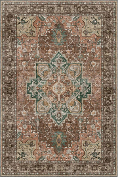 GENIMO 9x12 Area Rugs for Living Room, Non Slip Machine Washable Vintage Rugs, Low Pile Lightweight Chenille Print Large Rug for Bedroom, Dining Room, Home Office, Rosewood