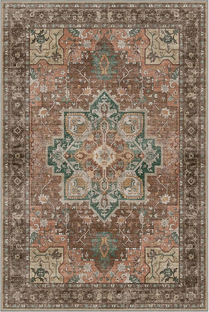 GENIMO 8x10 Area Rugs for Living Room, Machine Washable Non Slip Vintage Rugs, Low Pile Lightweight Chenille Print Rug for Bedroom, Dining Room, Home Office, Rosewood