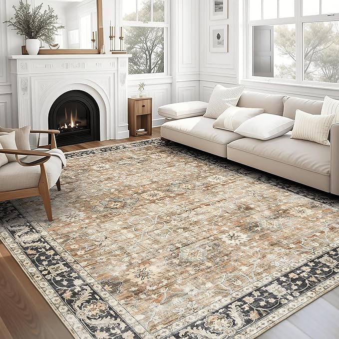 ReaLife Rugs Machine Washable Area Rug Runner - Living Room Bedroom Bathroom Kitchen Entryway Office - Padded Low Pile Stain Resistant Premium - Boho Farmhouse Vintage - BEV - Beige Tan Brown 3' x 5'