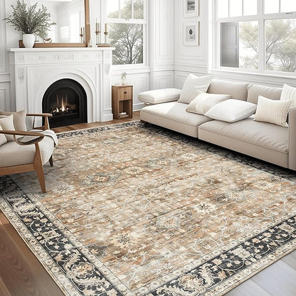 ReaLife Rugs Machine Washable Area Rug Runner - Living Room Bedroom Bathroom Kitchen Entryway Office - Padded Low Pile Stain Resistant Premium - Boho Farmhouse Vintage - BEV - Beige Tan Brown 3' x 5'