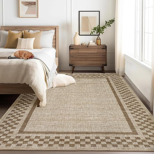 Small Bedroom Area Rug 3x5 Checkered Area Rug for Living Room Nursery Non Slip Kitchen Throw Carpet Low Pile Modern Bordered Rugs Washable Bathroom Mat Soft Brown Rugs for Laundry Entryway, Taupe