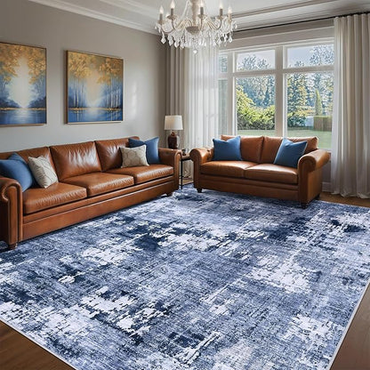 Area Rug Living Room Rugs - 5x7 Washable Large Soft Indoor Neutral Modern Abstract Low Pile Rug Carpet for Bedroom Dining Room Farmhouse Home Office - Navy Blue