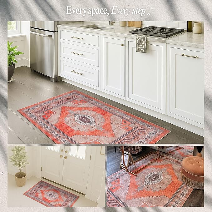 Fame Rugs Turkish Rug. Washable Vintage Oriental Antique Inspired Traditional Doormat Small Modern Area Rugs Luxury Entryway Entry Bedroom Bathroom Kitchen (380TT, 4'9 x 6'9)