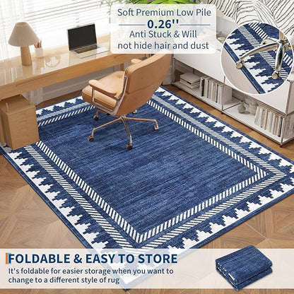 Geometric Bordered 2x6 Washable Runner Rug for Hallway Kitchen Foldable Non Slip Indoor Soft Carpet Modern Stain Resistant Non-Shedding Low Pile Rug for Dining Room Living Room with Rubber Back, Blue