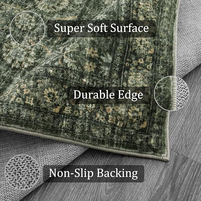 Morebes Washable Dark Green Area Rugs 6x9, Vintage Boho Large Living Room Rugs Non Slip, Distressed Soft Indoor Accent Floor Mat Throw Carpet for Nursery Kitchen Coffee Table Dining Dorm