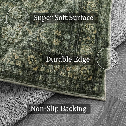 Morebes Washable Dark Green Runner Rug 2x8, Vintage Boho Runners for Hallways Non Slip, Soft Floral Indoor Floor Throw Carpet for Kitchen Laundry Room Bedroom Bathroom Living Entryway