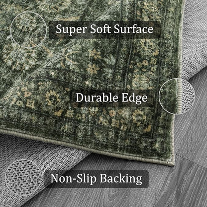 Morebes Vintage Throw Rugs, 3x5 Washable Rug Non Slip, Soft Area Rug for Bedroom, Distressed Non-Shedding Floral Rug for Entryway Bathroom Kitchen Foyer Bedside Playroom Christmas Decor,Dark Green