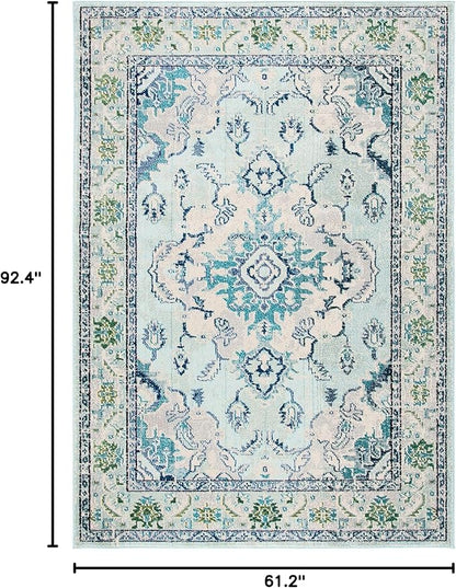 SAFAVIEH Monaco Collection Area Rug - 5'1" x 7'7", Light Blue & Ivory, Boho Chic Medallion Distressed Design, Non-Shedding & Easy Care, Ideal for High Traffic Areas in Living Room, Bedroom (MNC243K)