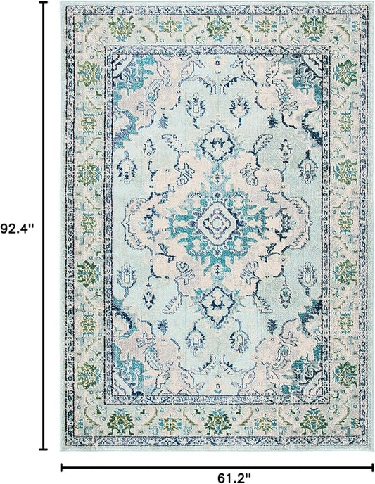 SAFAVIEH Monaco Collection Area Rug - 5'1" x 7'7", Light Blue & Ivory, Boho Chic Medallion Distressed Design, Non-Shedding & Easy Care, Ideal for High Traffic Areas in Living Room, Bedroom (MNC243K)