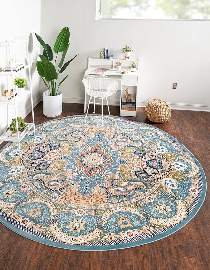 Unique Loom Narenj Collection Classic Traditional Medallion Textured Design Area Rug, 10' 0" x 10' 0", Blue/Tan