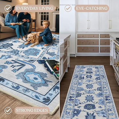 Fame Living Navy Blue Oushak Rug, Modern, Vintage, Turkish, Eclectic, Floral, Pastel, Washable, Oversized, Extra Large Area Rugs for Living Room, Dining, Bedroom, Lounge 9'5"x14'