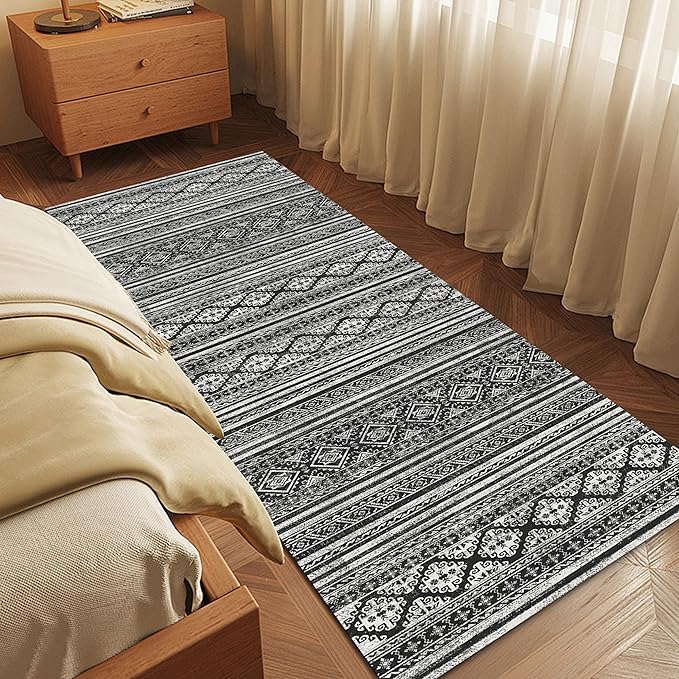 RUGSURE Washable Area Rugs 2'6'' x 8' - 1/6 Thick - Moroccan-Inspired -Stain & Water Resistant Non-Slip - Resistant Rug for Living Room, Bedroom, Nursery, Pet & Child Friendly (Black)