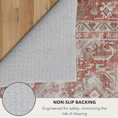 Kuden 9x12 Large Area Rug, Machine Washable Area Rug with Non-Slip Backing, Vintage Style, Soft, Easy Clean, Low Pile Rug for Living Room, Bedroom, Dining Room