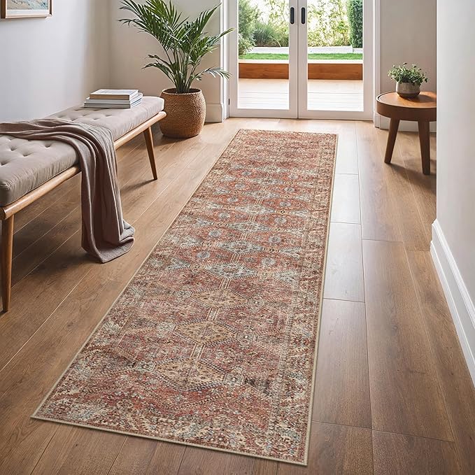 Bavni 2x10 Runner Rug Non Slip, Machine Washable Rug Runners for Hallways, Vintage Distressed Print Kitchen Runners, Low Pile Lightweight Carpet Runner for Entryway Laundry Bedroom Bathroom Spice Sky