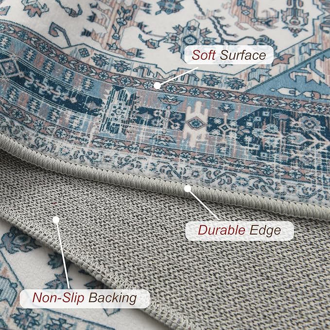 XWZO Washable Hallway Runner Rug 2x8ft — Non-Slip Low Pile Area Rug with Rubber Backing, Spill Resistant Soft Vintage Floor Carpet Runner for Kitchen Entryway Doorway Bedroom Corridor, Blue