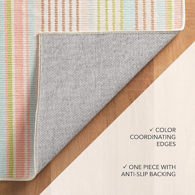 Dash and Albert Ana Ticking Machine Washable Area Rug - 3' x 5' Aqua Stripe Washable Accent Rug - Durable, High Traffic Area Kitchen, Hallway, Bedroom