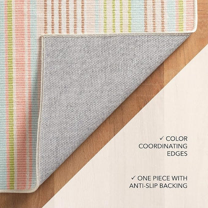 Dash and Albert Ana Ticking Machine Washable Area Rug - 3' x 5' Aqua Stripe Washable Accent Rug - Durable, High Traffic Area Kitchen, Hallway, Bedroom