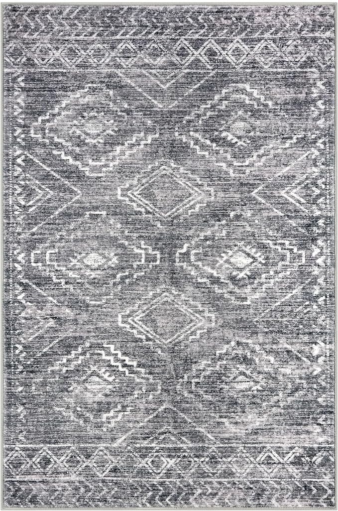 KILOCOCO Boho Entryway Rug 3x5 Area Rug Washable Non Slip Throw Rugs Soft for Kitchen Living Room Dining Bedroom Geometric Moroccan Carpet, Grey