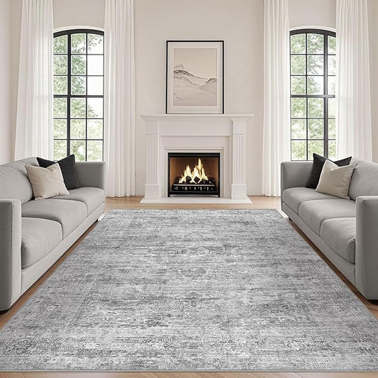 Grey Rug 9x12 Area Rug: Washable Boho Large Vintage Neutral Soft Rugs Stain Resistant Farmhouse Non-Slip Indoor Floor Carpet for Living Room Bedroom Playroom Office Dining Room Apartment Dorm