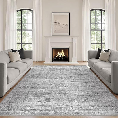 Grey Rug 8x10 Area Rugs: Washable Boho Large Vintage Neutral Soft Rug Stain Resistant Farmhouse Non-Slip Indoor Floor Carpet for Living Room Bedroom Playroom Office Dining Room Apartment Dorm