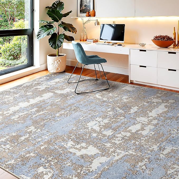 WITSHOCK Abstract Dining Room Rugs for Under Table: 7x9 Washable Blue Area Rug for Living Room, Low Pile Non-Slip Rugs for Bedroom Under Bed - Neutral Modern Decor & Stain Resistance - Blue/Multi